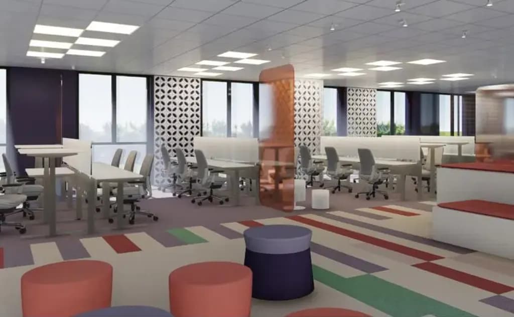 The same office finished with colour, carpet tiles and joinery