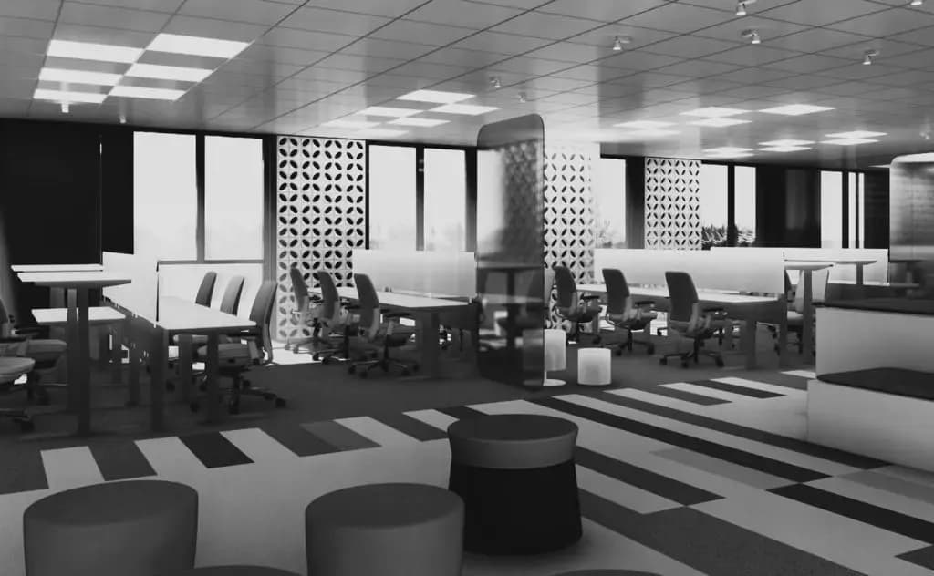 Open-plan office in a grayscale clay model, before materials and colour